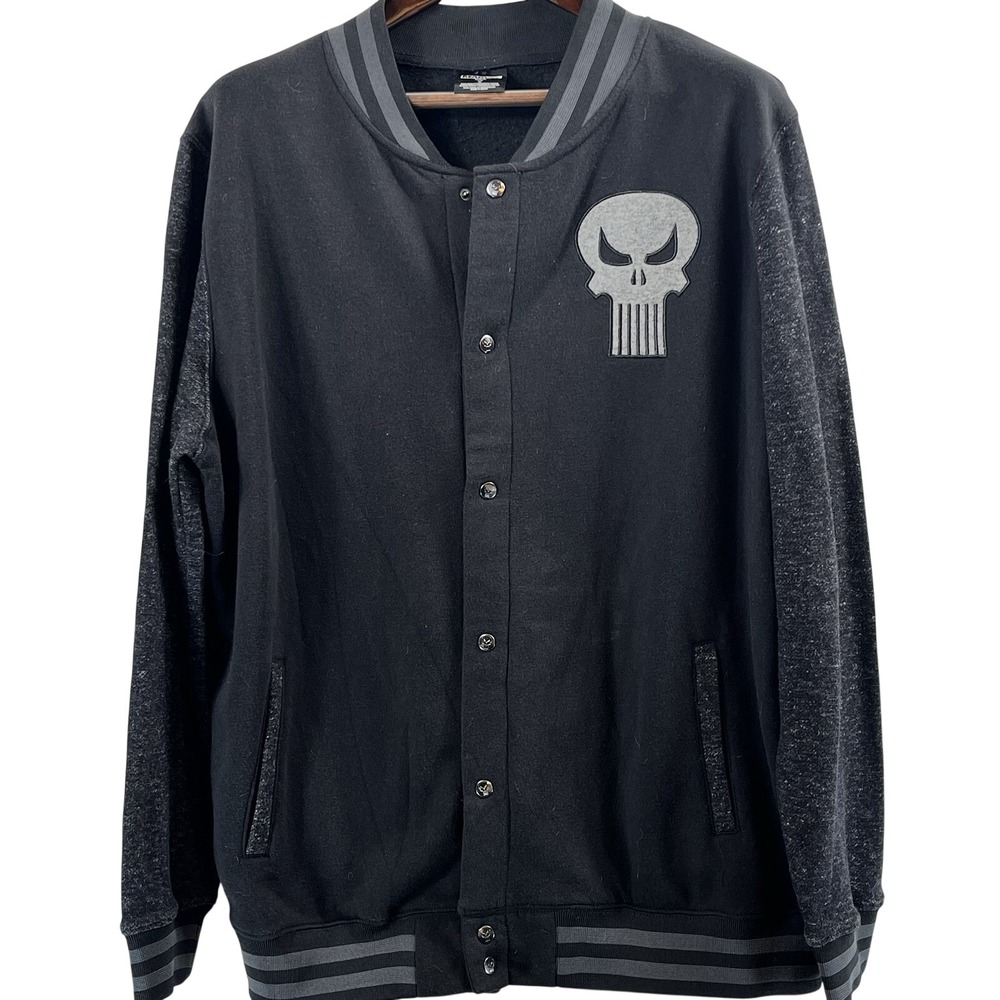 Marvel Punisher Varsity Jacket Men's XL Black Gray Skull Snap Front Superhero